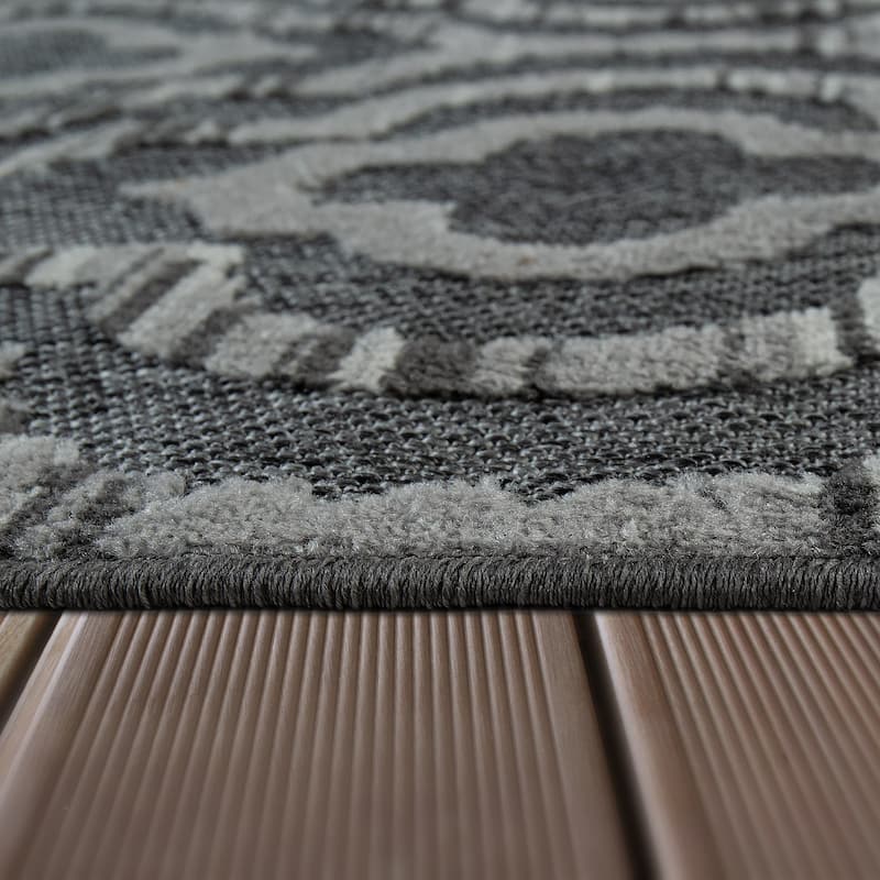 Dark Grey Outdoor Rug with Modern Moroccan Ornament Pattern for Patio