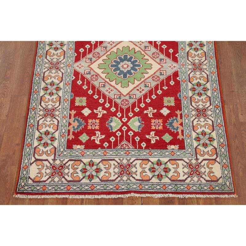 Red Geometric Kazak Accent Rug Hand-Knotted Traditional Wool Carpet - 3'4" x 4'10"
