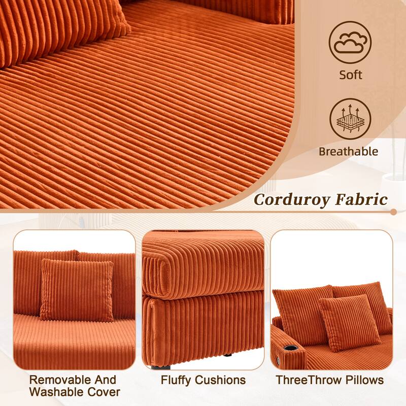 HOMEFUN Corduroy Upholstered Oversized RGB LED Light Recliner Sofa Bed with Cup Holder,USB&3 Pillows