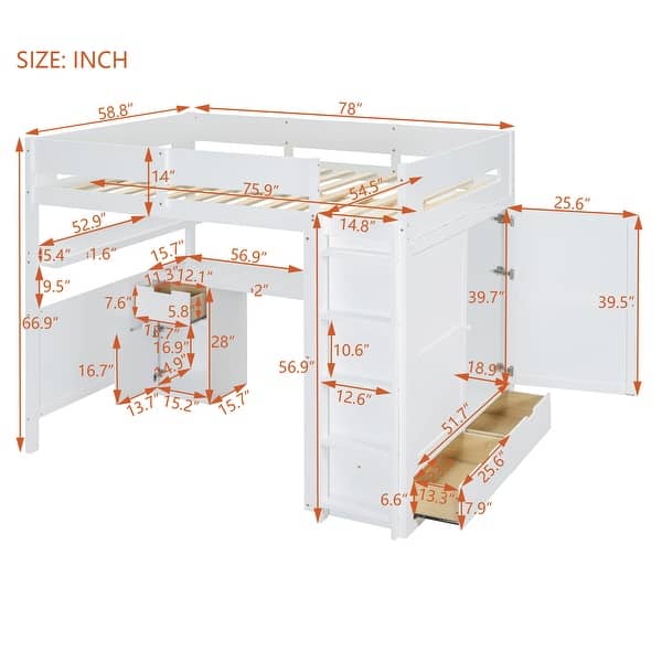 dimension image slide 1 of 2, Full Size Wooden Loft Bed with Wardrobe, Desk, Drawers, Shelves for Bedroom