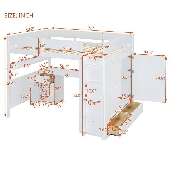 dimension image slide 1 of 2, Wooden Full Size Loft Bed with Desk, Wardrobe, Storage Shelves and Drawers, for Kids Teens Adults Bedroom, Wood Bedframe