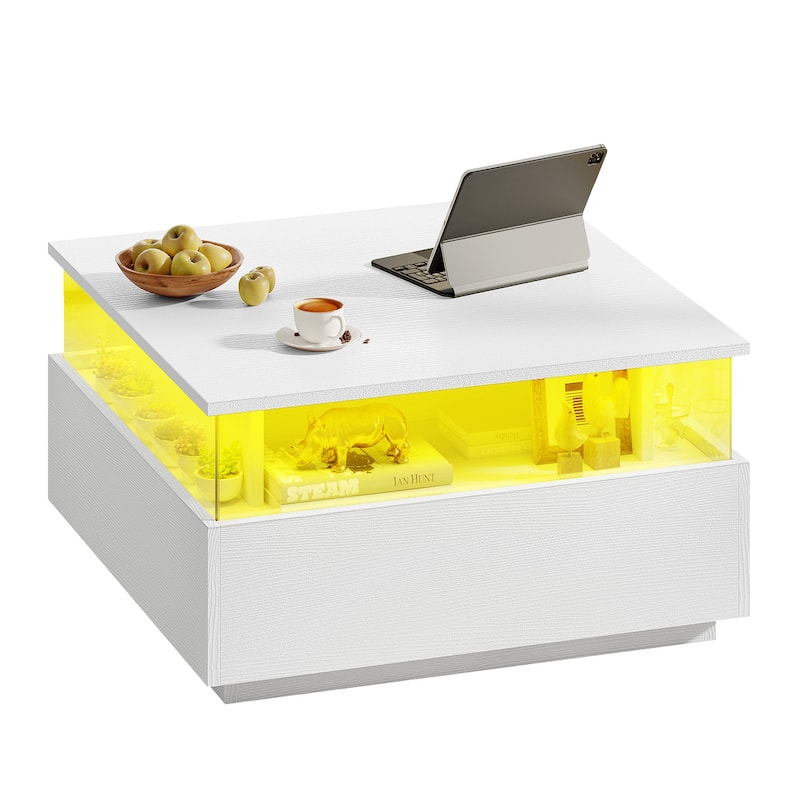 Moasis LED Square Coffee Table with Acrylic Drawers, Wood Center Table for Living Room - White