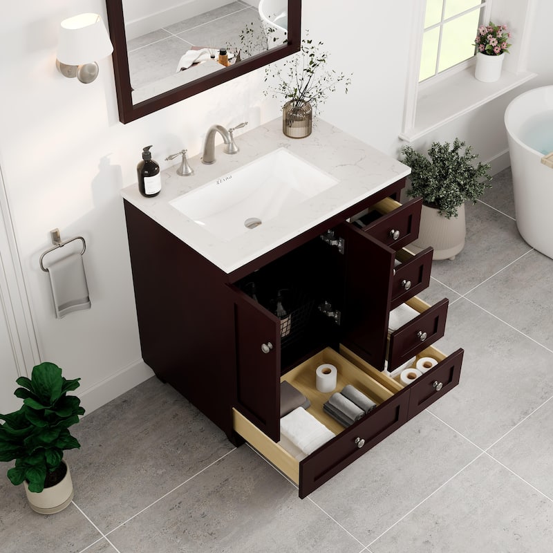 Eviva Acclaim 30"W x 22"D Teak Bathroom Vanity with White Carrara Quartz Vanity Top and Rectangular Undermount Sink