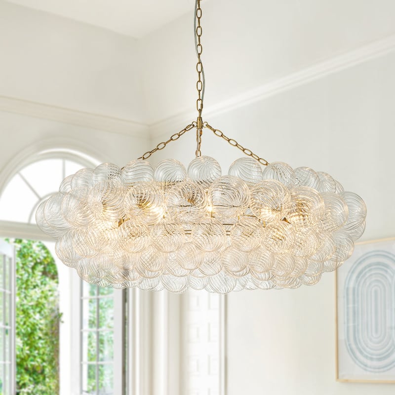 32in 8-Light Swirled Glass Globe Brass Wheel Bubble Pendant Chandelier