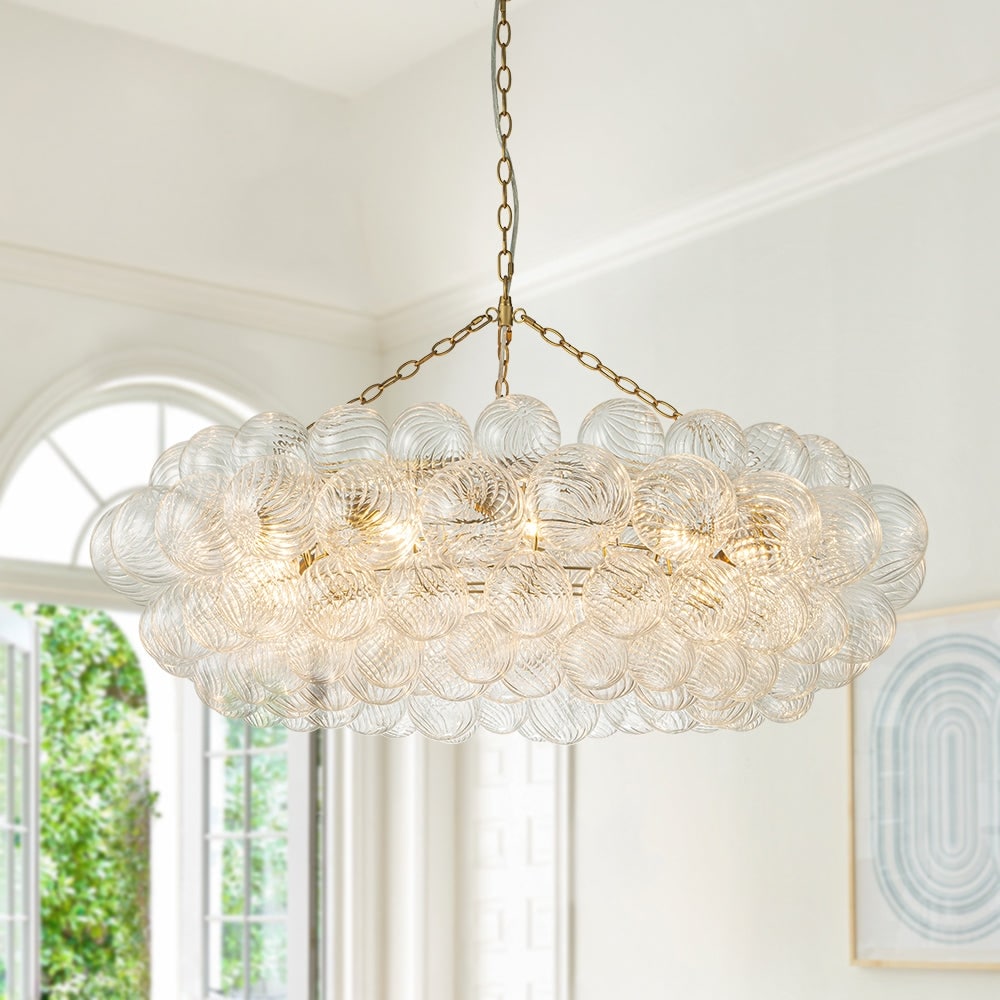 32in 8-Light Swirled Glass Globe Brass Wheel Bubble Pendant Chandelier