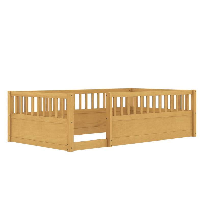 Twin Wooden Floor Bed with Fence for Kids, Natural Pine Frame for Bedroom or Playroom