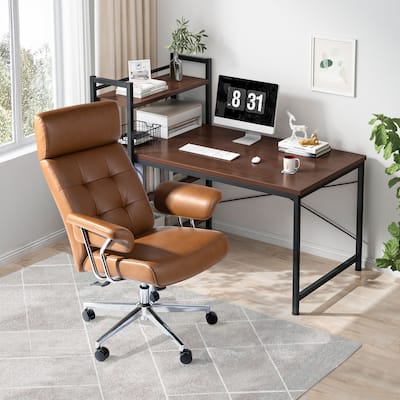 Glitzhome Mid-Century Modern Brown Leatherette Gaslift Adjustable Swivel High Back Office Chair with Armrest