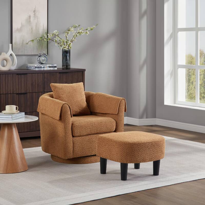 Homy Lin 360° Swivel Chenille Accent Chair with Ottoman,Armrests & Back Pillow, Comfy Living Room Armchair Set for Read or Relax