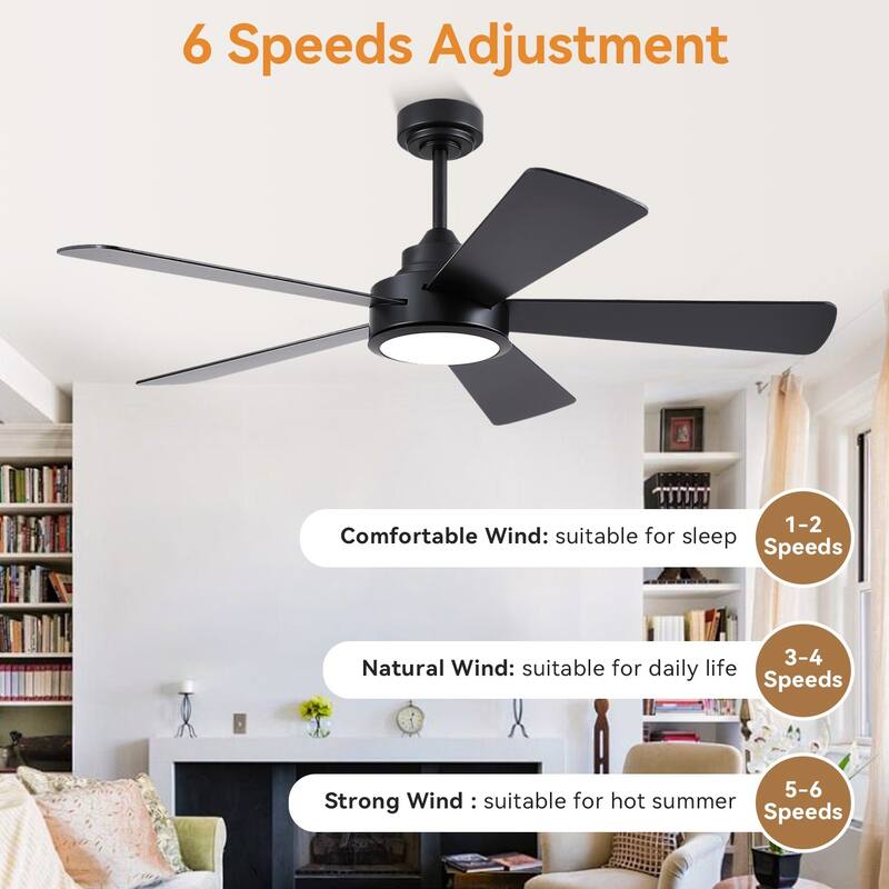46 / 52 Inches Downrod Ceiling Fan with Light and Remote,6 Dual Side Blades