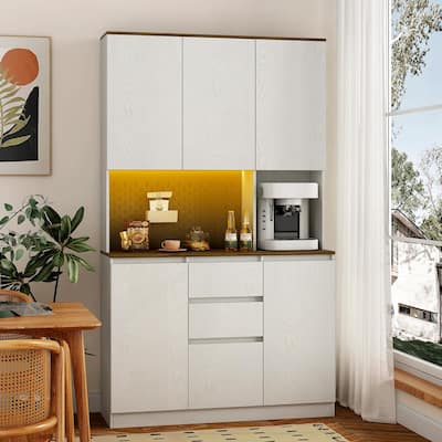 74" Kitchen Pantry Cabinet with Charging Station, Drawer and LED Lights
