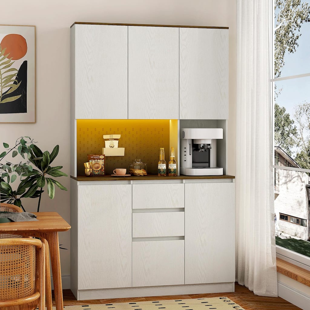 74" Kitchen Pantry Cabinet with Charging Station, Drawer and LED Lights
