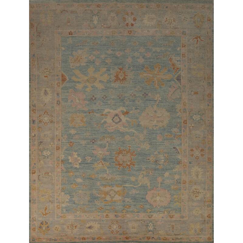 Vegetable Dye Blue Floral Oushak Turkish Area Rug Handmade Wool Carpet - 8'3"x 9'8"