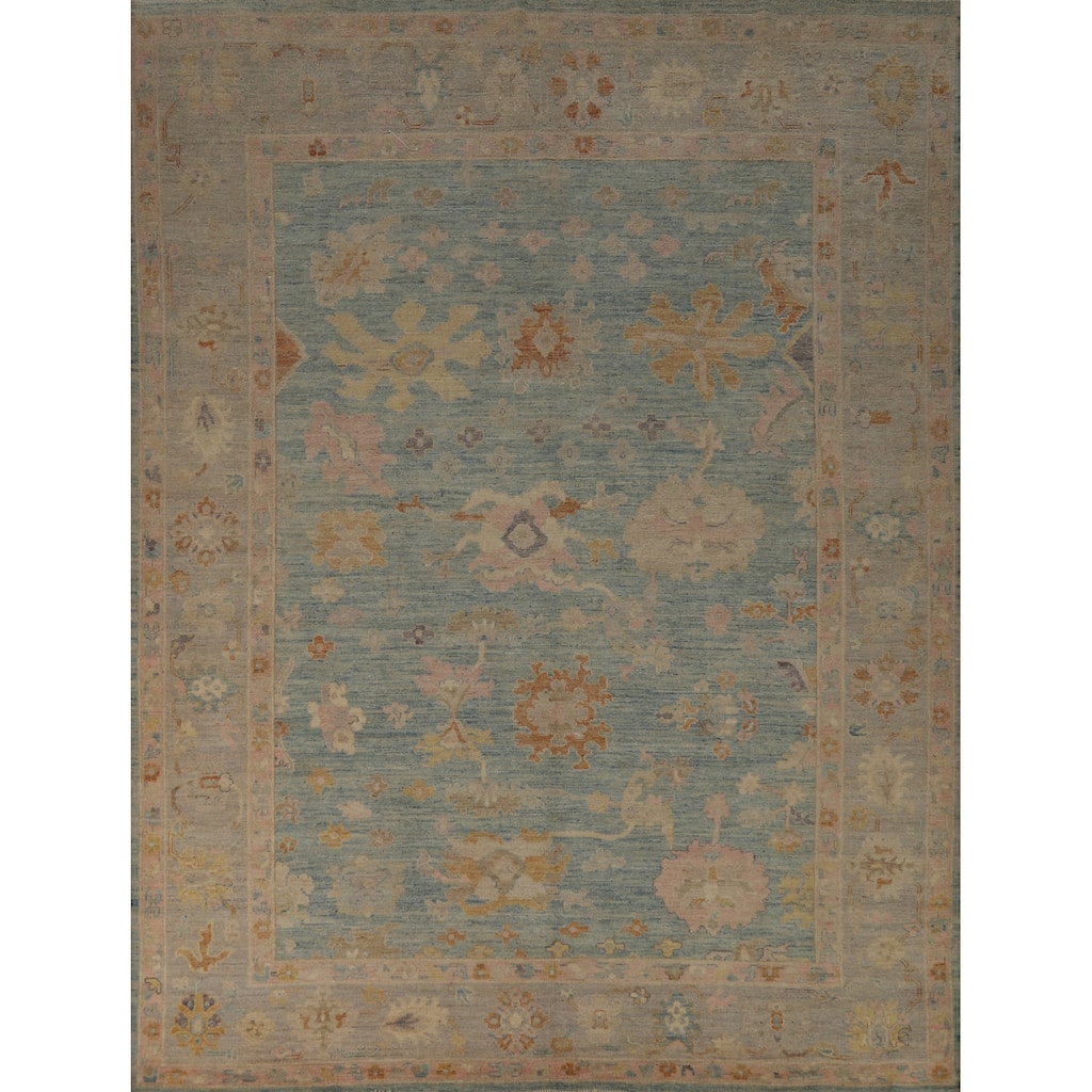 Vegetable Dye Blue Floral Oushak Turkish Area Rug Handmade Wool Carpet - 8'3"x 9'8"