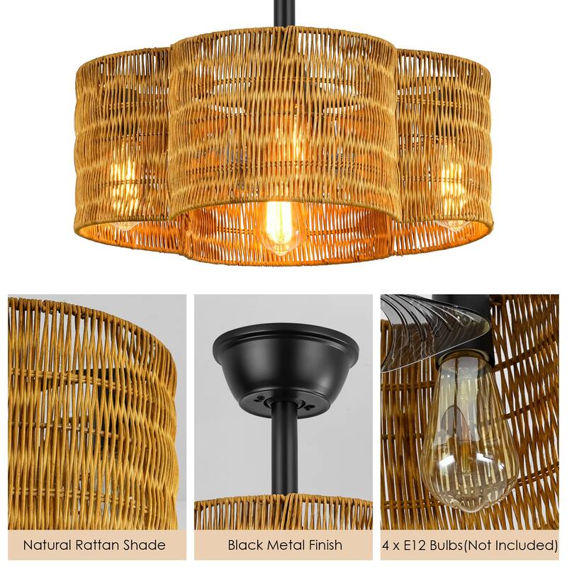 4-Light Modern Farmhouse Black and Deep Brown Geometric Drum Ceiling Fan Lighting with Remote Included - 20 in. W x 8.27 in. H