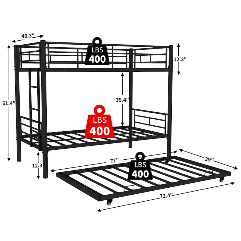 Heavy-Duty Sturdy Meta Over Bunk Bed/L/ Noise Reduced/ Safety Guardrail/No Box Spring Needed, - Black