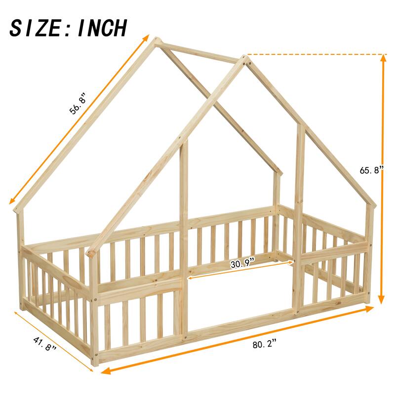 Wood House Frame Twin Bed with Fence & Guardrails, Pine Floor Bed for Kids, Safe & Fun Sleeping Space