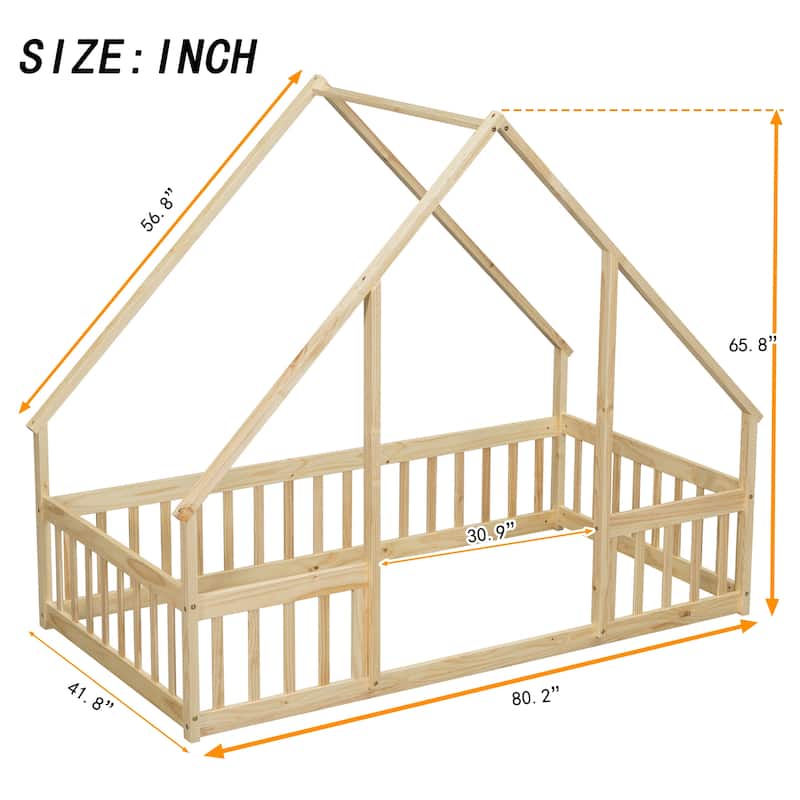Wood House-Shaped Floor Bed with Fence and Guardrails