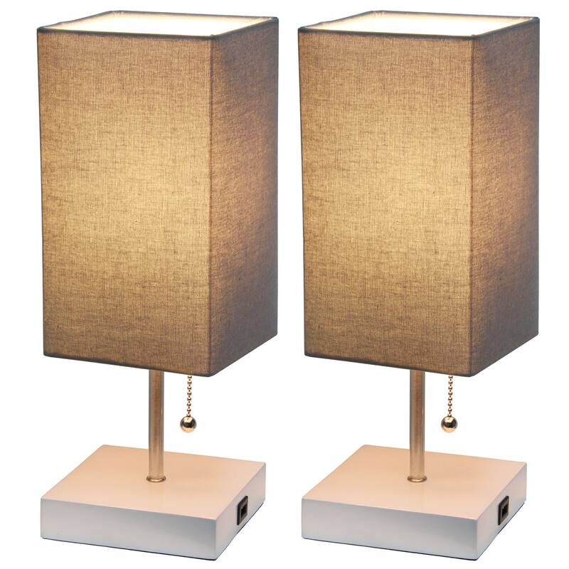 Simple Designs Petite White Stick Lamp with USB Charging Port and Fabric Shade 2 Pack Set - 5 x 5 x 14.25 (L x W x H)