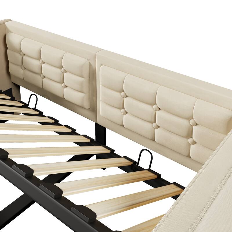 Velvet Tufted Upholstered Daybed Hydraulic Storage Twin Bed Frame with USB & Type-C Charging, Side Pockets and Wooden Slats