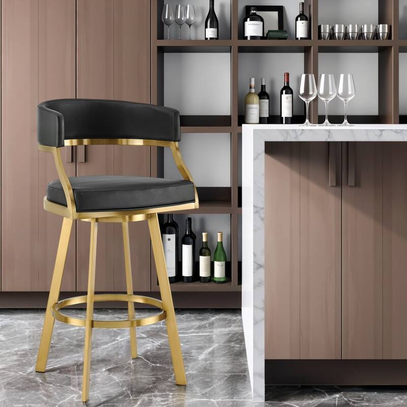 HomeRoots 30" Black and Gold Faux Leather and Stainless Steel Low Back Bar Height Swivel Bar Chair - Bar Height - Single - Black