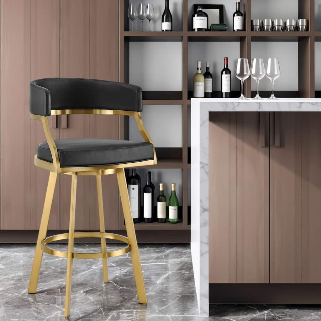 HomeRoots 30" Black and Gold Faux Leather and Stainless Steel Low Back Bar Height Swivel Bar Chair