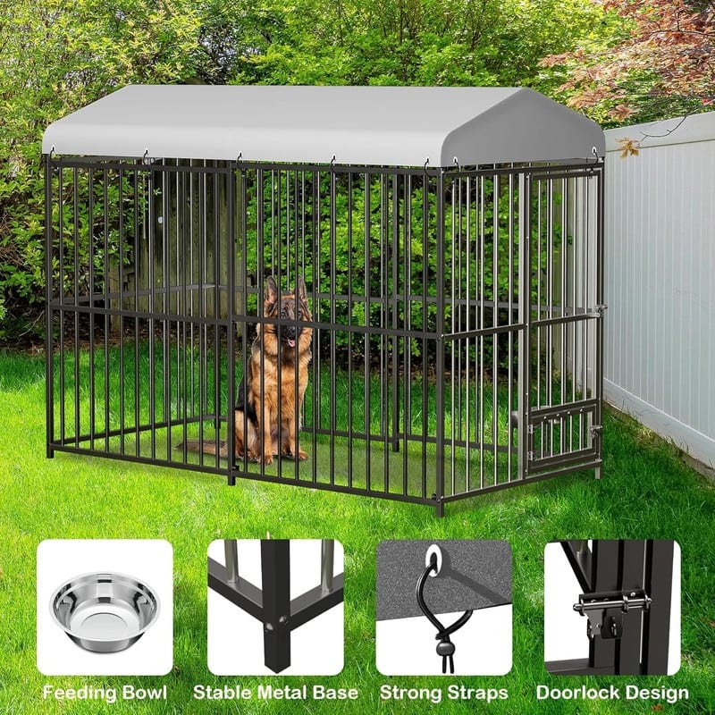 Dog Cage Kennel with Rotating Feeding Bowl Waterproof Roof Cover