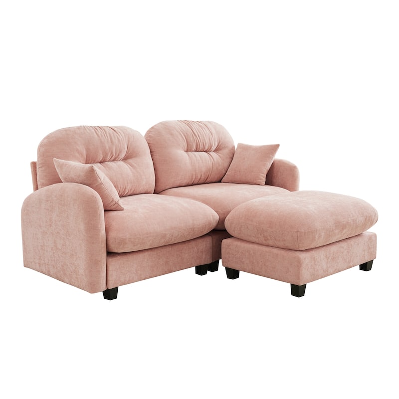 2 Seat Chenille Sofa Round Arms Sectional Sofa, Modern 74" Tufted Back Couch with Ottoman for Lving Room, Small Space