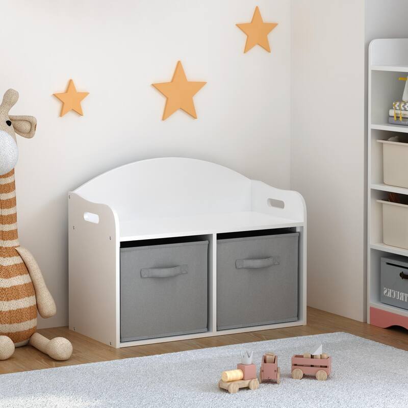 Anmytek White Storage Bench with Fabric Bins Kids Toy Organizer Entryway Seating