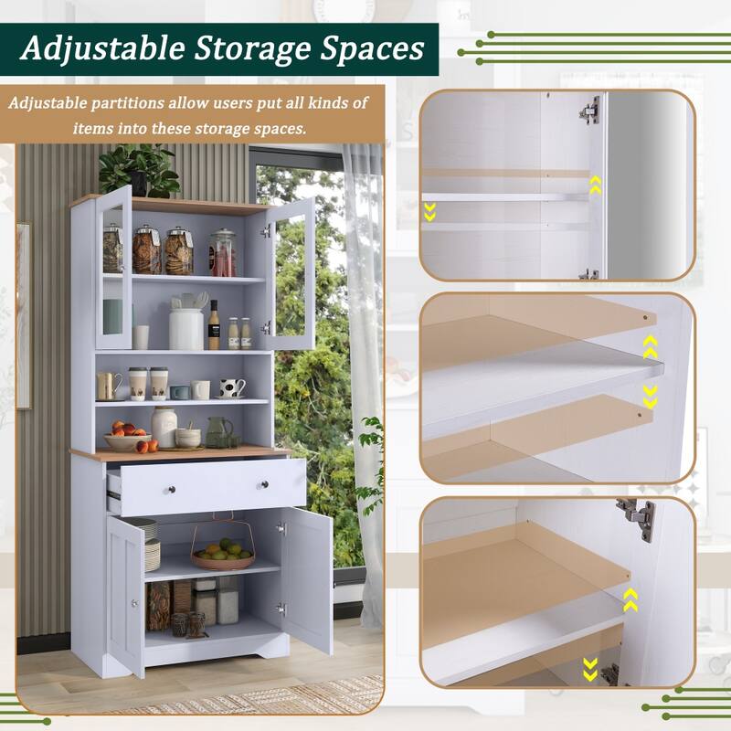 White Storage Cabinet with Glass Doors and Drawer and Adjustable Shelf
