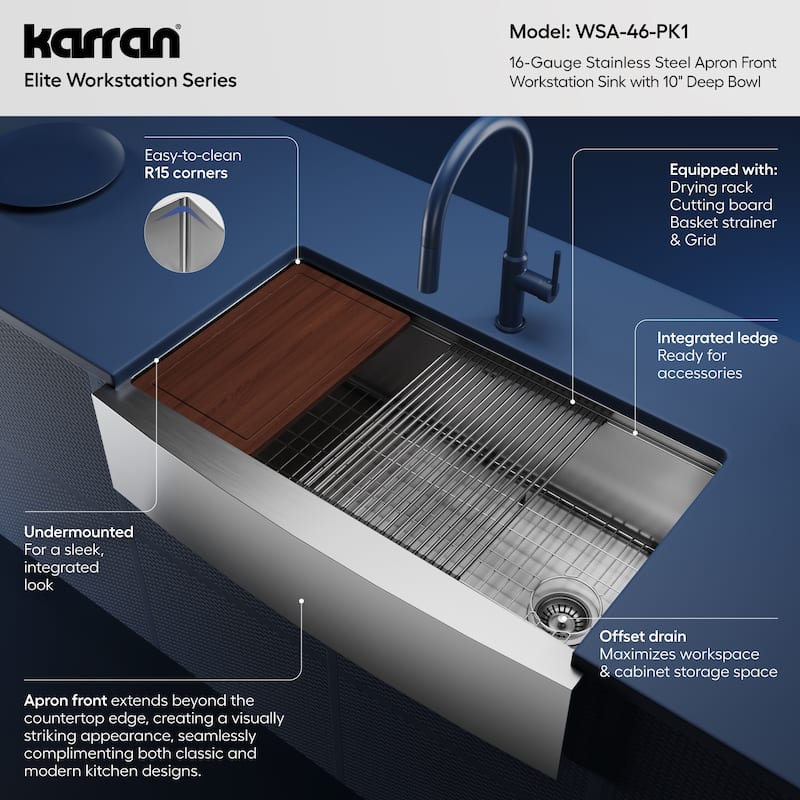 Karran Elite WSA-46-PK1 Apron Front Farmhouse 36" Single Bowl Stainless Steel Workstation Sink