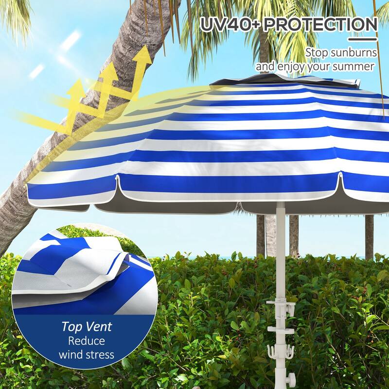 Outsunny 5.7' Portable Beach Umbrella with Tilt, Adjustable Height, 2 Cup Holders, Hook, Ruffled Outdoor Umbrella
