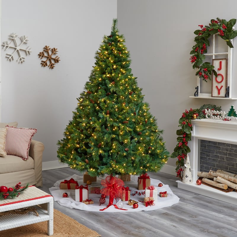 8ft. Full Bodied Mixed Pine Artificial Christmas Tree with 700 Clear LED Lights & Pine Cones - Towering Holiday X-Mas Tree