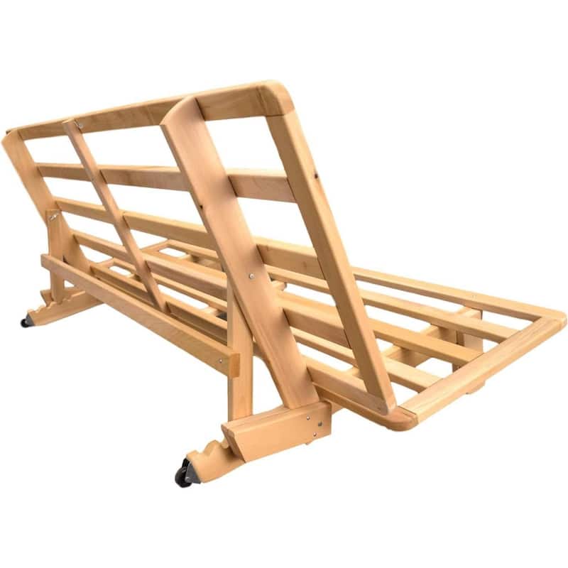 Rustic Brown Solid Wood Futon Sofa Bed Frame with 4 Adjustable Positions and Wheels