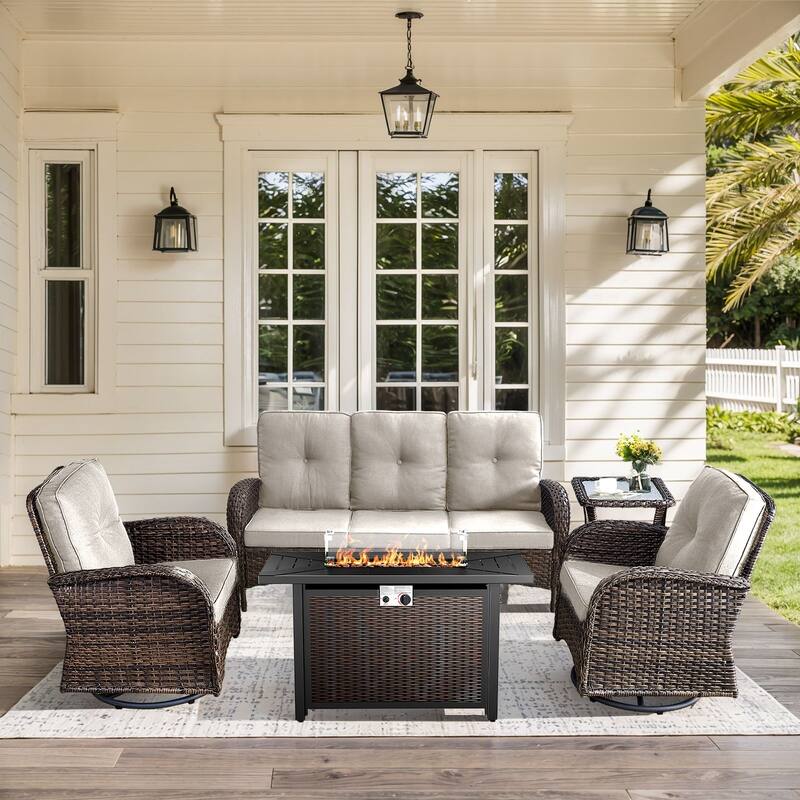 Patio Sofa Swivel Chair with Propane Fire Pit Table - Brown Rattan - Beige Cushion - 5PCS Sofa Chair Table with Fire Table