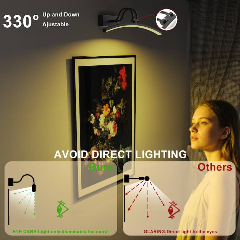 Modern 16'' Wireless Battery Operated Dimmable Picture Light with Remote Control and Adjustable Arm