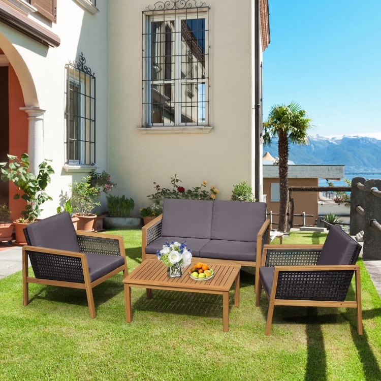 4 Pieces Patio Rattan Furniture Set with Removable Cushions - 30.5" x 48" x 29" (L x W x H)