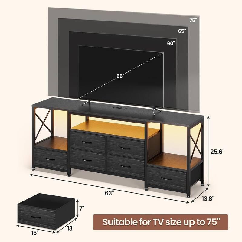 TV Stand with LED Lights Power Outlets Dresser Fabric Drawers Entertainment Center
