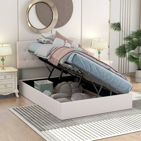 Lift Up Storage Bed Full Size Upholstered Platform Bed with Tufted Headboard and Storage Underneath, Heavy Duty Metal Bed Frame