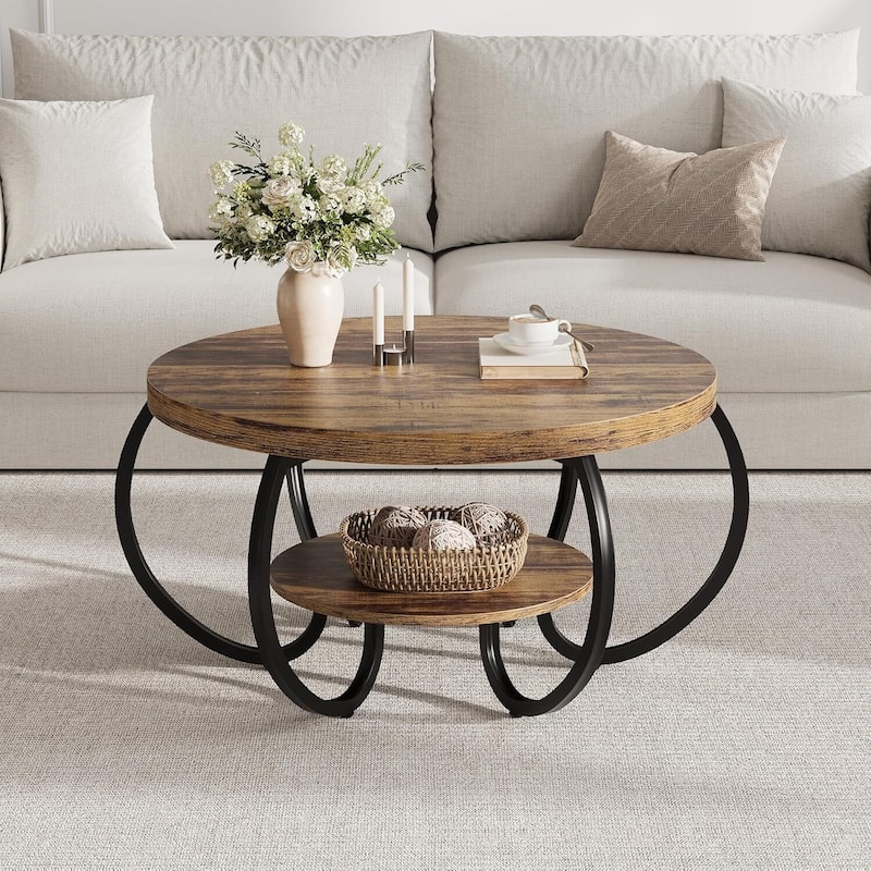 30 Inch 2 Tier Rustic Coffee Table with Storage Shelf for Small Spaces Apartments Office - N/A