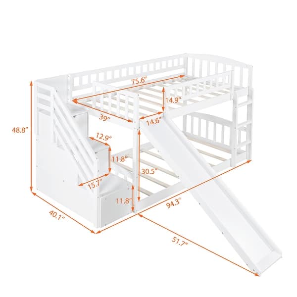 dimension image slide 1 of 2, Stairway Twin over Twin Floor Bunk Bed with Two Drawers, Slide and Ladder