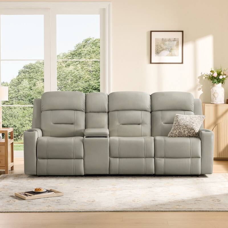 Spruce & Spring Genuine Leather Power Reclining Sofa with Wireless Charging - 3PC+Console - Light Gray