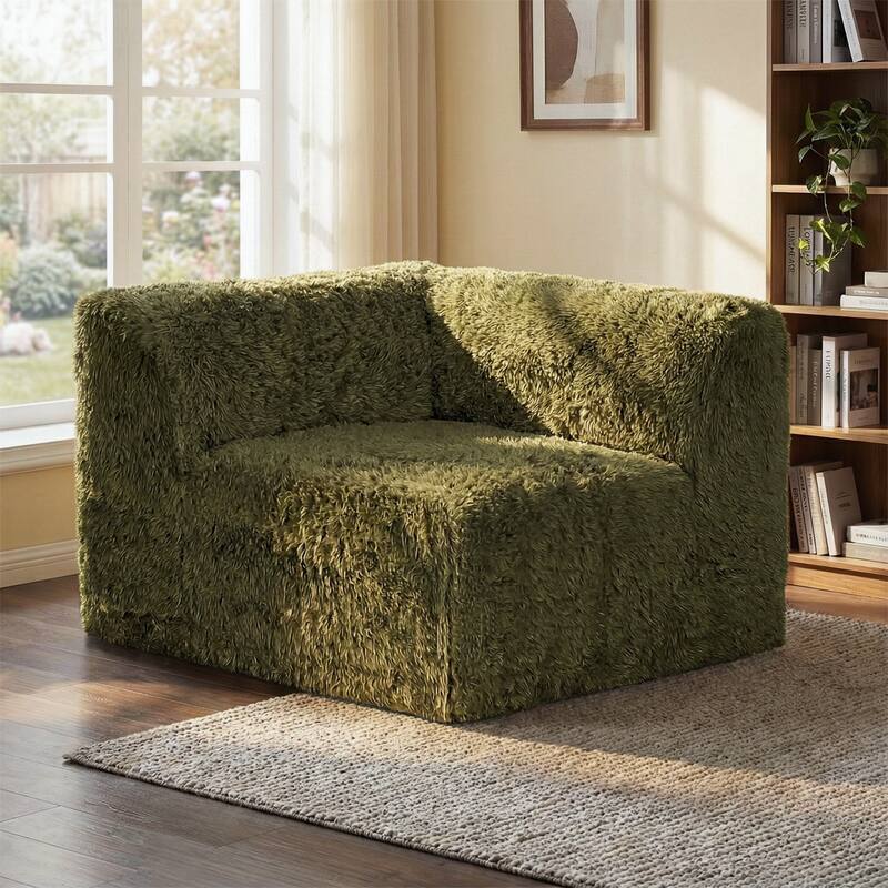 Furniture of America Ylena Modern Faux Fur Foam Modular Compressed Sofa Chair - With Arm - Olive Green