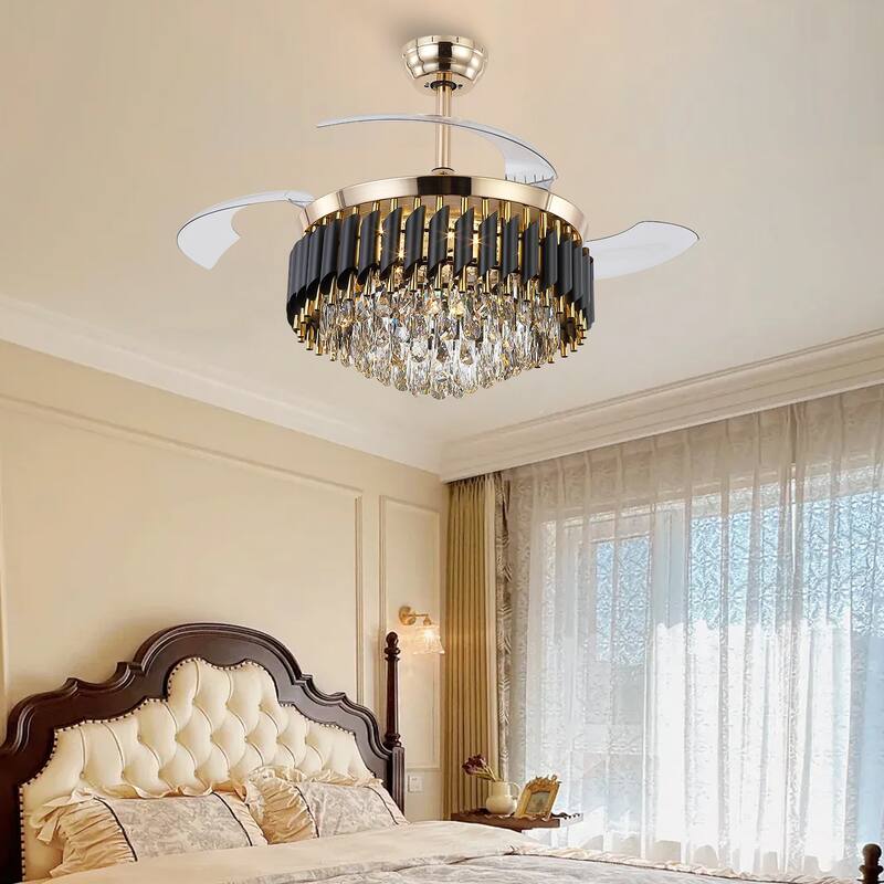 48" Crystal Fandelier Ceiling Fan with Light and Retractable Blades LED Dimmable for Bedroom Living Room - 48 Inches