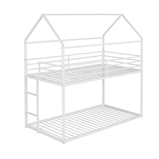 House Design Twin over Twin Metal Bunk Bed,Built-In 3-Step Wide Ladder