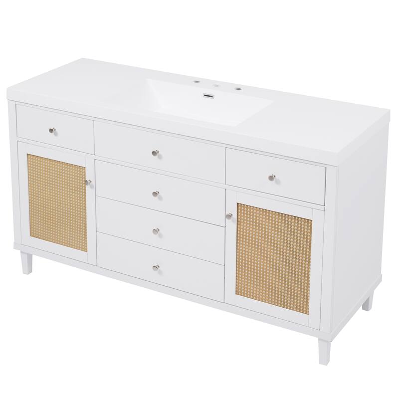 60" Large Rattan Bathroom Vanity Cabinet with SMC Sink