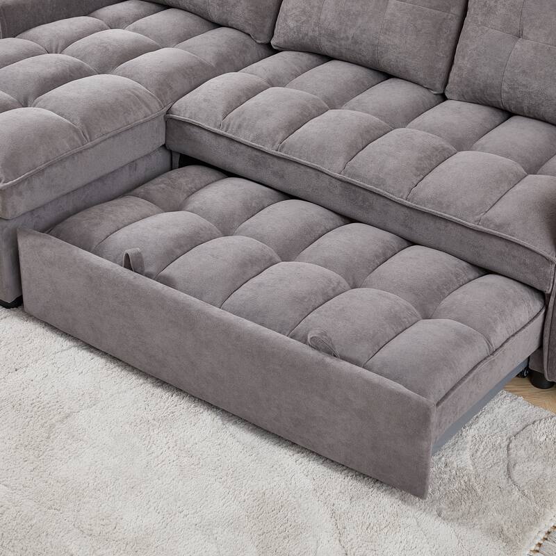 L-Shaped Reclining Sofa with Pull-Out Bed, USB Charging Ports and Storage, Arm Side Organizer for Living Room Comfort