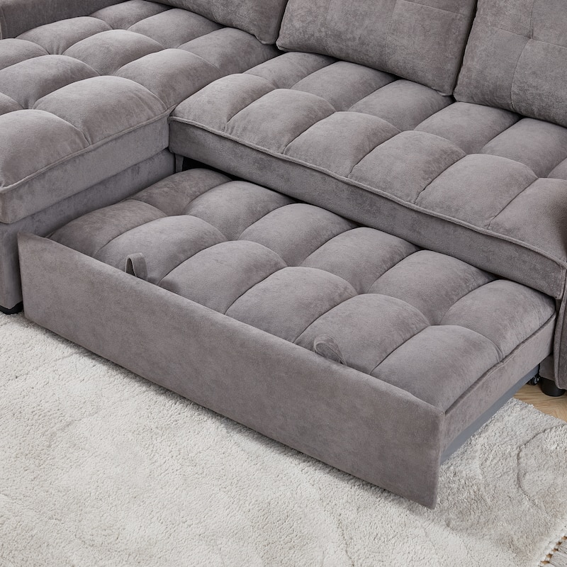 Modern Chenille L-Shaped Convertible Sofa Bed with Storage, USB and Type-C Charging Ports for Living Room