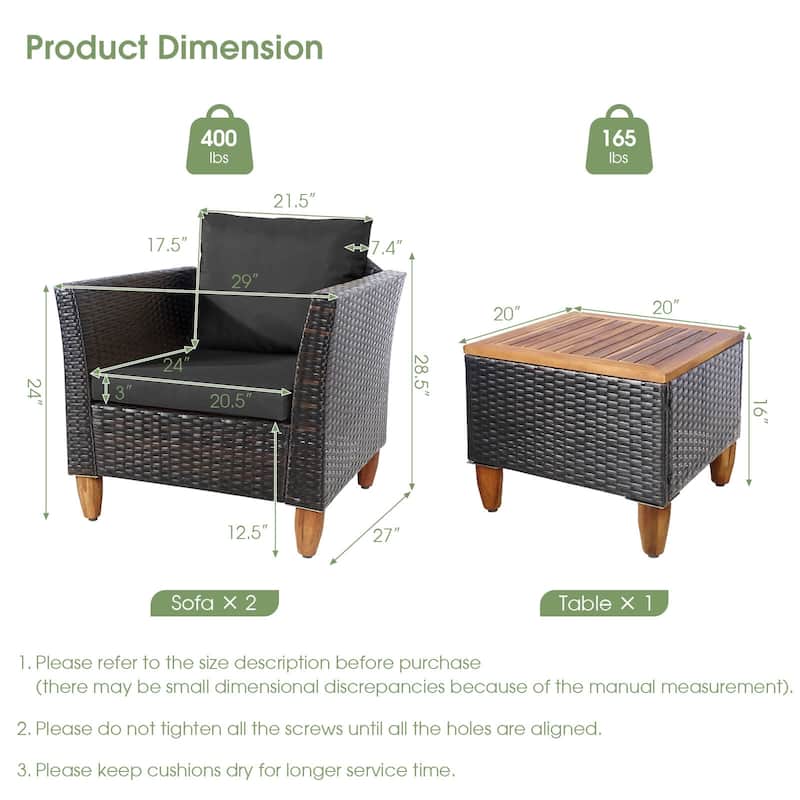 Costway 3PCS Patio Wicker Rattan Sofa Set Furniture Acacia Wood