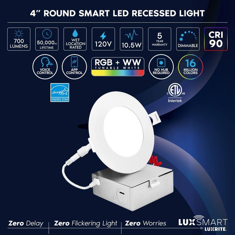 Luxrite 4 inch Smart LED Recessed Lighting, RGBW Color Changing, WiFi
