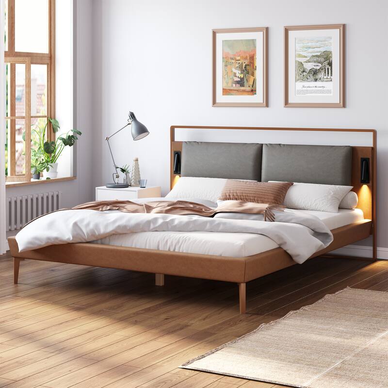 Leather Upholstered Platform Bed, Faux Leather Headboard with 2 LED Lights
